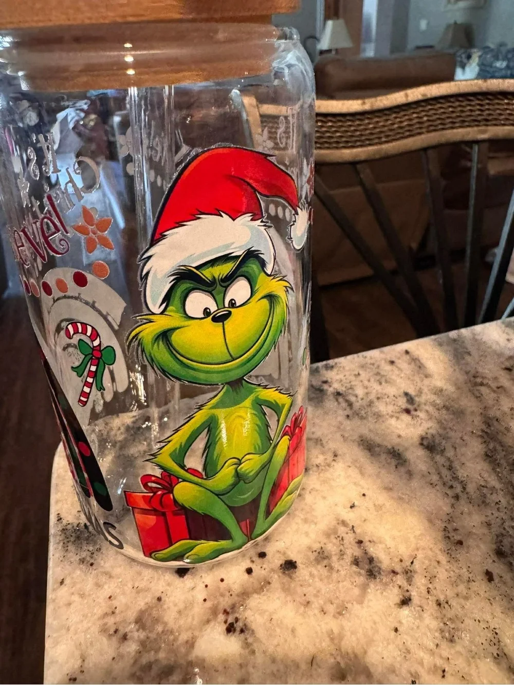 Hand Crafted grinch Merry Grinchmas Glass Cup with Bamboo Lid - Green, Red,